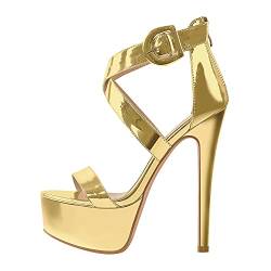 Only maker Damen Plateau Sandalen Ankle Strap Stiletto High Heels Pumps Glitzer Gold 44 EU von Only maker