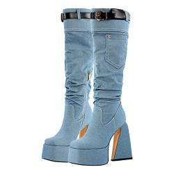 Only maker Damen Plateau Stiefel Blockabsatz Slouchy Boots Schlupfstiefel Eckige Damenstiefel aus Jeans Hellblau 37 EU von Only maker