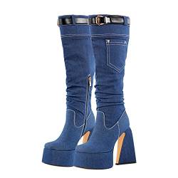Only maker Damen Plateau Stiefel Kniehohe Schlupfstiefel Blockabsatz Knee High Boots Jeansblau Dunkel 37 EU von Only maker