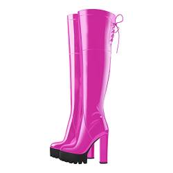 Only maker Damen Plateau Stiefel Overknee Schnürstiefel Klobiger Absatz Lackoptik Viva Magenta 46 EU von Only maker