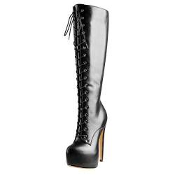 Only maker Damen Schnürstiefel Sexy Stiletto Plateau Langschaft Stiefel Reißverschluss Lederoptik Schwarz 39 EU von Only maker