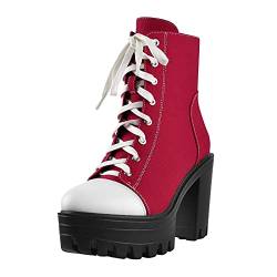 Only maker Damen Sportliche Stiefeletten Plateau Canvas Ankle Boots Blockabsatz Rot 39 EU von Only maker