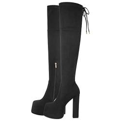 Only maker Damen Stiefel Plateau Overknee Boots mit Schnürung Reißverschluss Blockabsatz Warm Gefüttert Faux Suede Schwarz 45 EU von Only maker