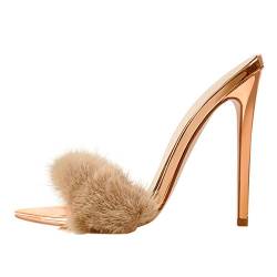 Only maker Damen Stiletto Pantoletten Plüsch Sandaletten Stiletto Sommerschuhe Rosegold 36 EU von Only maker