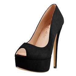 Only maker Damen Stiletto Pumps Peeptoe High Heels Elegante Damenschuhe Veloursleder Schwarz 40 EU von Only maker