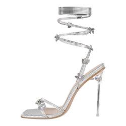 Only maker Riemchensandalen mit Pfennigabsatz Glänzende Römersandalen mit verstellbare Knöchelriemchen High Heels Stilettos Silber EU 46 von Only maker