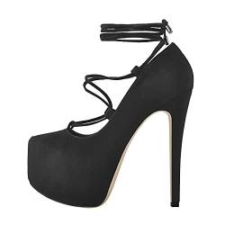 Only maker Women's Platform Pumps Lace Up Ankle Straps High Heels Skyhigh Stilettos Mary Janes Faux Suede Black EU 36 von Only maker