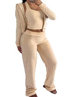 Onsoyours 3 Stücke Damen Sportanzüge Jogginganzug Sport Sets Yoga Outfit Freizeitanzug Sportswear Langarm Kapuzenjacke + Crop Top + Jogginghose mit Taschen Z1 Khaki XS von Onsoyours