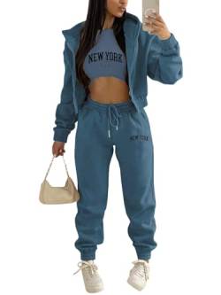 Onsoyours 3 Stücke Damen Sportanzüge Jogginganzug Sport Sets Yoga Outfit Freizeitanzug Sportswear Langarm Kapuzenjacke + Crop Top + Jogginghose mit Taschen Z4 Marine M von Onsoyours