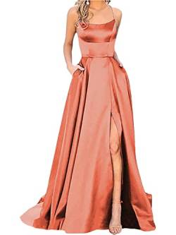 Onsoyours Abendkleid Damen Drapiert Spaghettiträger Rückenfreies V-Ausschnitt Schlitz Elegante Maxikleid Abendkleid Fliederfarben Ballkleid Abendkleid B Orange S von Onsoyours