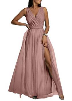 Onsoyours Abendkleider Damen Lang Cocktailkleid Ballkleider V-Ausschnitt Elegant Für Hochzeit Festliche Kleider Ärmellos Pailletten Abschlusskleid Maxikleid Mit Schlitz Swing B Rosa S von Onsoyours