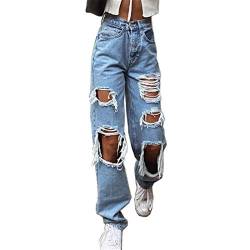 Onsoyours Baggy Jeans Damen High Waist Straight Jeans Farbverlauf Freizeit Loose Gerade Hosen Bootcut Jeans Jeanshosen Glatte Jeans Vintage-Hose Mit Weitem Bein B Blau 3XL von Onsoyours