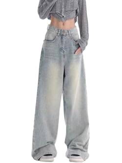 Onsoyours Baggy Jeans Damen Jeans Hose mit Hoher Taille Y2K Style Harajuku E-Girl Streetwear Hose Casual Baggy Vintage Denim Hose Freizeit Loose Gerade Hosen Baggy Boyfriend Jeans A9 Blau M von Onsoyours