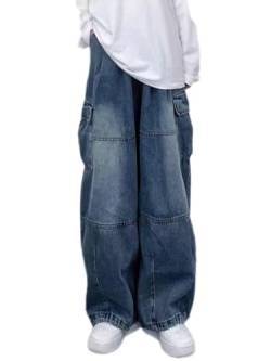 Onsoyours Baggy Jeans für Herren Y2K Boyfriend Jeans Mode High Taille Casual Loose Denim Cargo Hosen mit Taschen Hip Hop Jeans Straight Leg Gewaschen Jeanshose B Blau XXL von Onsoyours