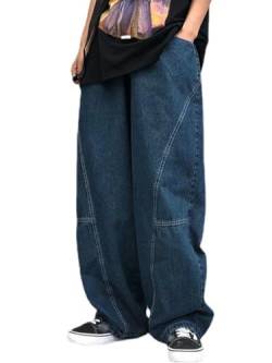 Onsoyours Baggy Jeans für Herren Y2K Boyfriend Jeans Mode High Taille Casual Loose Denim Cargo Hosen mit Taschen Hip Hop Jeans Straight Leg Gewaschen Jeanshose E1 Blau 3XL von Onsoyours