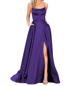 Onsoyours Ballkleider Damen Lange Sexy Criss-Cross Neckholder Backless Abend Prom Kleider mit Taschen Frauen A-Linie Satin Spaghetti Seitenschlitz Brautjungfer Kleid B Dark Purple L von Onsoyours