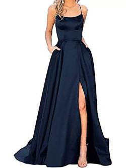 Onsoyours Ballkleider Damen Off Shoulder Kleider Lang Elegant Hochzeit A-Linie Criss-Cross Satin Spaghetti Party Prom Dress Abendkleider Schlitz Cocktailkleid Brautkleid Festkleider B Dunkelblau XS von Onsoyours