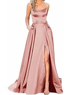 Onsoyours Ballkleider Damen Off Shoulder Kleider Lang Elegant Hochzeit A-Linie Criss-Cross Satin Spaghetti Party Prom Dress Abendkleider Schlitz Cocktailkleid Brautkleid Festkleider B Rosa M von Onsoyours