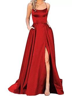 Onsoyours Ballkleider Damen Off Shoulder Kleider Lang Elegant Hochzeit A-Linie Criss-Cross Satin Spaghetti Party Prom Dress Abendkleider Schlitz Cocktailkleid Brautkleid Festkleider B Rot XS von Onsoyours