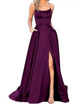 Onsoyours Ballkleider Damen Off Shoulder Kleider Lang Elegant Hochzeit A-Linie Criss-Cross Satin Spaghetti Party Prom Dress Abendkleider Schlitz Cocktailkleid Brautkleid Festkleider B Violett L von Onsoyours