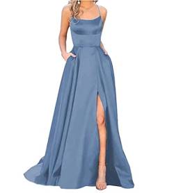 Onsoyours Ballkleider Damen Sexy Criss-Cross Neckholder Backless Abend Prom Lange Kleider mit Taschen Frauen A-Linie Satin Spaghetti Seitenschlitz Brautjungfer Kleid B Stahlblau M von Onsoyours