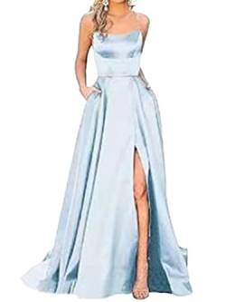 Onsoyours Ballkleider Off Shoulder Kleider Lang Damen Elegant Hochzeit A-Linie Criss-Cross Satin Spaghetti Party Prom Dress Abendkleider Schlitz Brautkleid Festkleider mit Taschen B Blau 1 M von Onsoyours