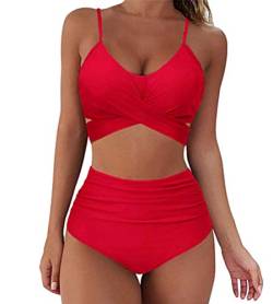 Onsoyours Bikini Damen Set Push Up Bademode Zweiteilige Neckholder Bikini High Waist Bikinihose Split Badeanzug Strandkleidung A Rot L von Onsoyours