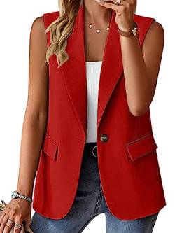 Onsoyours Blazer Damen Sportlich Weste Mantel Lässige Offene Vorderseite Ärmellos Sommerjacke Arbeitsbüro Jacken Freizeit Business Jacke Cardigan Dünn Anzugjacke mit Tasche A Rot L von Onsoyours