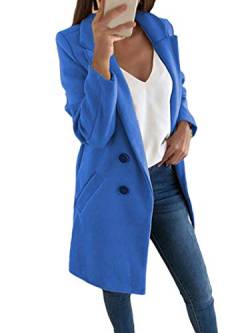 Onsoyours Blazer Jacke Damen Cardigan, Lang Blazer Stehkragen Casual Einreiher Anzugjacke Frauen Elegant Slim Fit Mantel Trenchcoat mit Taschen Blau 42 von Onsoyours