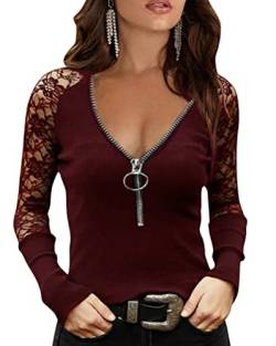 Onsoyours Bluse Damen Elegant Oberteile Mit V-Ausschnitt Slim Fit Tops Spitze Langarmshirt Sexy Hemd Langarm Wickelbluse Elegant Top Tunika G Weinrot S von Onsoyours