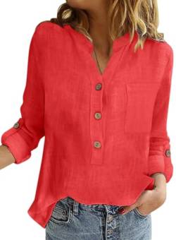 Onsoyours Bluse Damen Sommer Baumwolle Leinen Revers Shirts Langarm V-Ausschnitt Blusehemd Elegante Button-down Oberteile Casual Business Tops Rot L von Onsoyours