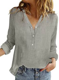 Onsoyours Bluse Damen Sommer Baumwolle Leinen Revers Shirts Langarm V-Ausschnitt Blusehemd Elegante Button-down Oberteile Casual Business Tops Z1 Grau 3XL von Onsoyours