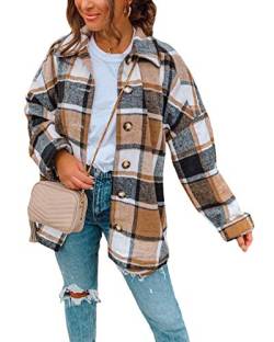 Onsoyours Braun Kariertes Knöpfen Taschen Oversize Bluse Mantel Jacke Hemdjacke Holzfällerjacke Damen Mode XL von Onsoyours