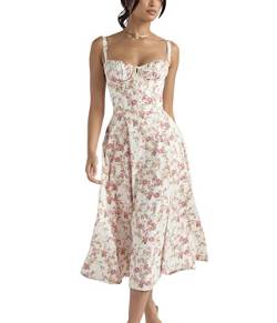 Onsoyours Bustier-Sommerkleid Damen Floral Drucken Sommer Strand Korsett-Kleid Spaghettiträger ärmellose Geteilte Lange Kleider Freizeitkleider für Frauen B Rosa L von Onsoyours