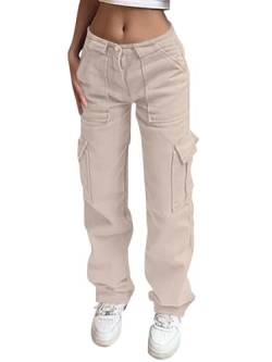 Onsoyours Cargohose Damen Baggy Y2K Multi Taschen High Waist Weite Bein Hosen Track Pants Sport Jogginghose Streetwear mit Elastischen Knöcheln B Aprikose XS von Onsoyours