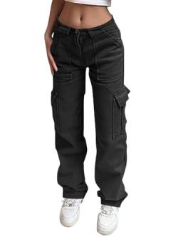 Onsoyours Cargohose Damen Baggy Y2K Multi Taschen High Waist Weite Bein Hosen Track Pants Sport Jogginghose Streetwear mit Elastischen Knöcheln B Schwarz XS von Onsoyours