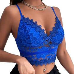 Onsoyours Crop Tops Damen Spitzen Floral BH Frauen Sexy V-Ausschnitt Bralette Cropped Vest Sommer Oberteil Tank Top Basic Skinny Camisole Weste T-Shirt Strand Blau L von Onsoyours