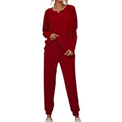 Onsoyours Damen 2 Stück Strickanzug aus Langarm Beiläufig Outfit Freizeitanzug Rundhals Strickpullover Und Lange Jogginghose Zweiteilige Sportanzug Loungewear Set A Weinrot XL von Onsoyours