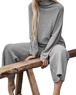 Onsoyours Damen 2 Stück Strickanzug aus Langarm Rollkragen Strickpullover Und Lange Jogginghose Zweiteilige Beiläufig Outfit Freizeitanzug Sportanzug Loungewear Set A Grau L von Onsoyours