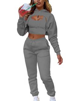 Onsoyours Damen 3 Teilig Set Hoodie + Weste + Sporthose Jogginganzug Kapuzen Sportswear Trainingsanzug Dreiteiliger Sport Freizeitanzug Sportanzug Zweiteiler Outfit A Dunkelgrau L von Onsoyours