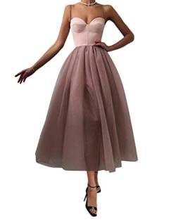 Onsoyours Damen A Linie Kleid Midi Kleid Ärmellos Volltonfarbe Gitter Herbst Frühling Spaghetti-Träger Party Romantisch Sexy A Rosa L von Onsoyours