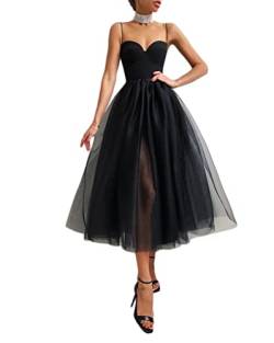 Onsoyours Damen A Linie Kleid Midi Kleid Ärmellos Volltonfarbe Gitter Herbst Frühling Spaghetti-Träger Party Romantisch Sexy A Schwarz L von Onsoyours