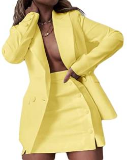 Onsoyours Damen Anzugjacke Zweiteiler Elegant Anzug Set Freizeitjacke Kurz Zweireiher Blazer Jacke Reverskragen Business Anzug Set A Gelb L von Onsoyours