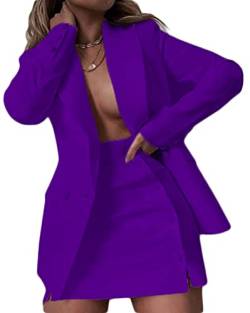 Onsoyours Damen Anzugjacke Zweiteiler Elegant Anzug Set Freizeitjacke Kurz Zweireiher Blazer Jacke Reverskragen Business Anzug Set A Violett L von Onsoyours