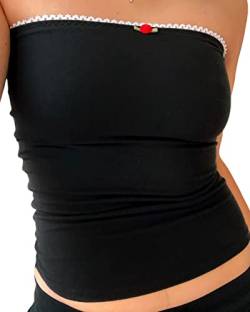 Onsoyours Damen Bandeau Crop-Tops Blumenstickerei Rückenfrei Ärmellos Trägerlos Spitzen Sommer Tank Tops Y2K Aesthetic Oberteil Weste Party Club Streetwear A Schwarz M von Onsoyours