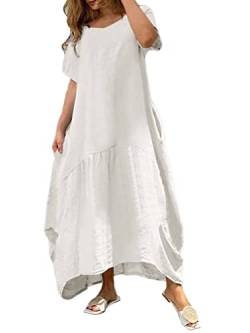 Onsoyours Damen Baumwolle Kleider Sommer Maxi Tunika Kleid Lang Sommerkleid Elegant Einfarbig Strandkleid Boho Casual Lose Swing Lässig Kleid Kurzarm Rundhals Kleider mit Taschen C Weiß XL von Onsoyours