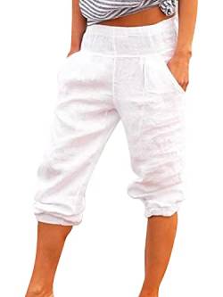 Onsoyours Damen Baumwolle Leinen Capri Hose Sommer Leicht 3/4 Länge Kurze Chino Hose Lässig Einfarbig Strandshorts Stoffhose Freizeithose Baggy Z4 Weiß M von Onsoyours