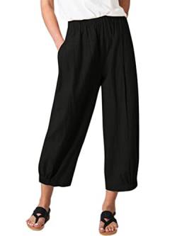 Onsoyours Damen Baumwolle Leinen Capri Hose Sommer Leicht 3/4 Länge Kurze Chino Hose Lässig Einfarbig Strandshorts Stoffhose Freizeithose Baggy Z8 Schwarz XXL von Onsoyours