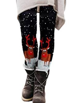 Onsoyours Damen Bedruckte Leggings Weihnachten Gedruckte Elastische Thermo Leggings Weihnachtshose Herbst Winter mit Weihnachtlichem Rentier B3 XXL von Onsoyours