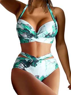 Onsoyours Damen Bikini Badeanzug High Waist Neckholder Einfarbig Leopard Bikini V Ausschnitt Zweiteiliger Badeanzug Swimwear A2 Grün M von Onsoyours